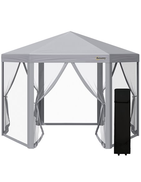 Outsunny 3x3m Pop Up Hexagonal Gazebo with Mesh Sidewall, Roller Bag, Grey - pic 19519 | FastDaddyshop