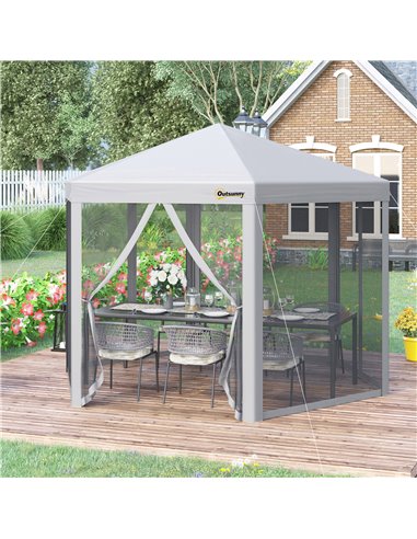 Outsunny 3x3m Pop Up Hexagonal Gazebo with Mesh Sidewall, Roller Bag, Grey