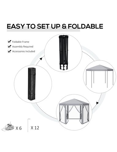 Outsunny 3x3m Pop Up Hexagonal Gazebo with Mesh Sidewall, Roller Bag, Grey