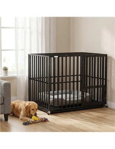 PawHut Heavy Duty Dog Crate, Dog Cage with Wheels for Medium Large Breeds with Removable Tray, Black