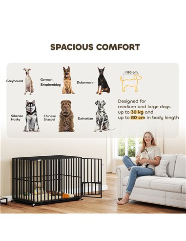 PawHut Heavy Duty Dog Crate, Dog Cage with Wheels for Medium Large Breeds with Removable Tray, Black