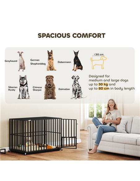 PawHut Heavy Duty Dog Crate, Dog Cage with Wheels for Medium Large Breeds with Removable Tray, Black - pic 195226 | FastDaddyshop