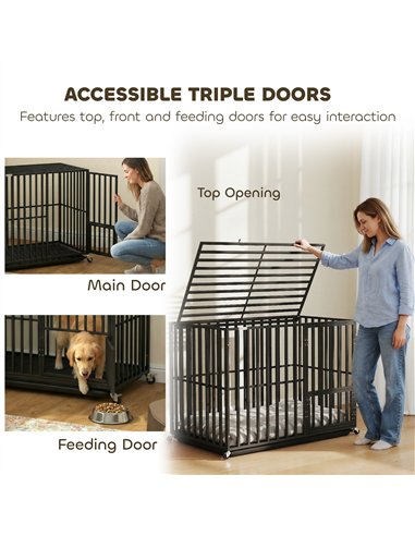 PawHut Heavy Duty Dog Crate, Dog Cage with Wheels for Medium Large Breeds with Removable Tray, Black