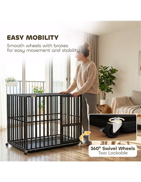 PawHut Heavy Duty Dog Crate, Dog Cage with Wheels for Medium Large Breeds with Removable Tray, Black - pic 195228 | FastDaddyshop