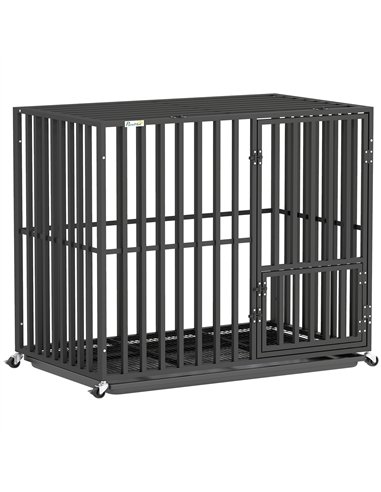 PawHut Heavy Duty Dog Crate, Dog Cage with Wheels for Small Medium Breeds, Metal Pet Kennel with Removable Tray