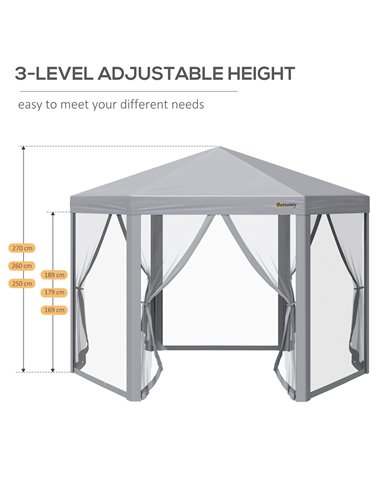 Outsunny 3x3m Pop Up Hexagonal Gazebo with Mesh Sidewall, Roller Bag, Grey