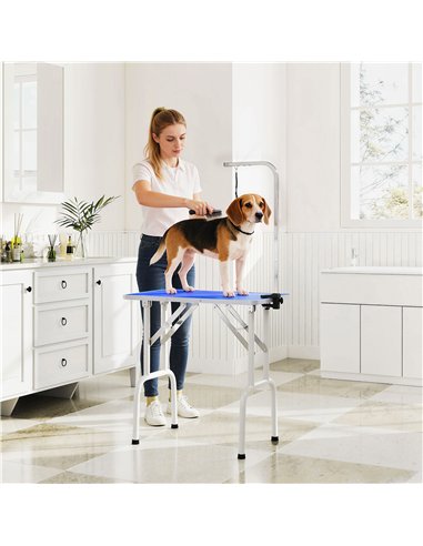 PawHut 32" Foldable Dog Grooming Table Pet Drying Beauty Table Adjustable Fixed Arm Rubber Top, Blue