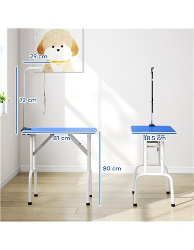 PawHut 32" Foldable Dog Grooming Table Pet Drying Beauty Table Adjustable Fixed Arm Rubber Top, Blue