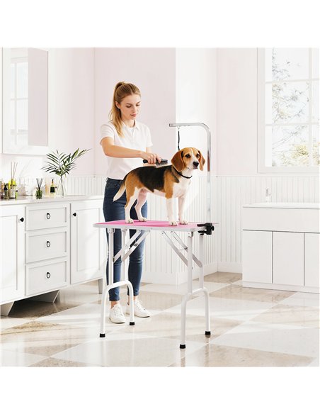 PawHut 32" Foldable Dog Grooming Table Pet Drying Beauty Table Adjustable Fixed Arm Rubber Top, Pink - pic 195376 | FastDaddyshop