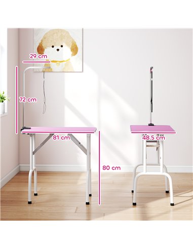 PawHut 32" Foldable Dog Grooming Table Pet Drying Beauty Table Adjustable Fixed Arm Rubber Top, Pink