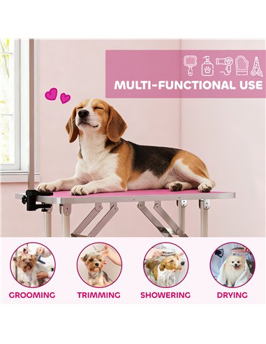 PawHut 32" Foldable Dog Grooming Table Pet Drying Beauty Table Adjustable Fixed Arm Rubber Top, Pink