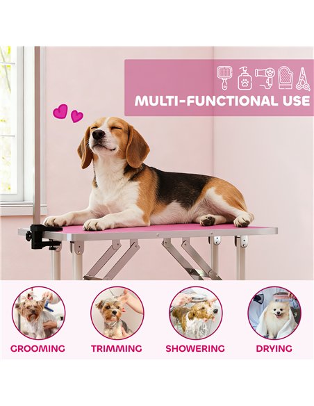 PawHut 32" Foldable Dog Grooming Table Pet Drying Beauty Table Adjustable Fixed Arm Rubber Top, Pink - pic 195381 | FastDaddyshop