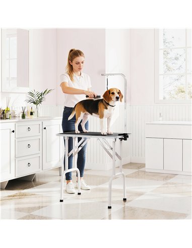 PawHut 32" Foldable Dog Grooming Table Pet Drying Beauty Table Adjustable Fixed Arm Rubber Top, Black