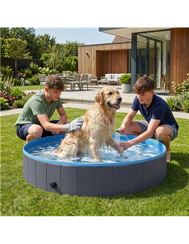 PawHut Foldable Dog Pool for Puppies and Ducks Dog Paddling Pool Bath Tub, Dark Grey, 140 x 30cm