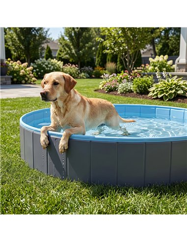 PawHut Foldable Dog Pool for Puppies and Ducks Dog Paddling Pool Bath Tub, Dark Grey, 140 x 30cm