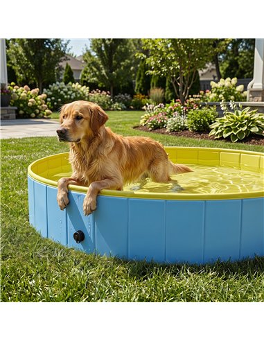 PawHut Foldable Dog Pool for Puppies and Ducks Dog Paddling Pool Bath Tub, Blue, 140 x 30cm