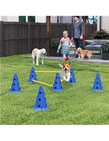 PawHut Dog Agility Equipment Set of Six Cones, Six Poles with Carry Bag, Three-Piece Adjustable Height Jumping Obstacles, Blue
