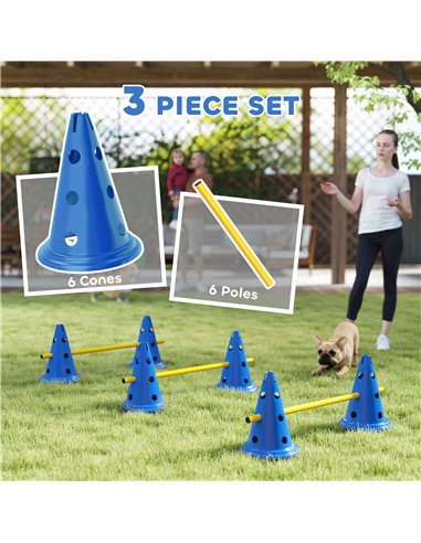 PawHut Dog Agility Equipment Set of Six Cones, Six Poles with Carry Bag, Three-Piece Adjustable Height Jumping Obstacles, Blue