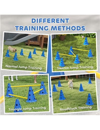 PawHut Dog Agility Equipment Set of Six Cones, Six Poles with Carry Bag, Three-Piece Adjustable Height Jumping Obstacles, Blue