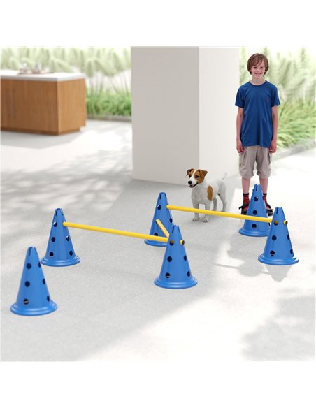 PawHut Dog Agility Equipment Set of Six Cones, Six Poles with Carry Bag, Three-Piece Adjustable Height Jumping Obstacles, Blue - pic 195536 | FastDaddyshop
