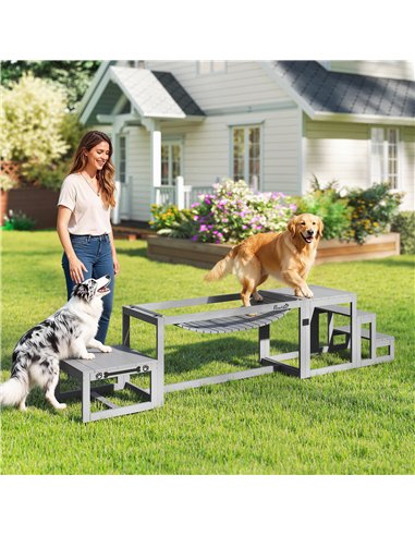PawHut 3 Pieces Wooden Dog Agility Training Equipment with Soft Bridge, Pause Platform and Pet Stair for Outdoor, Grey
