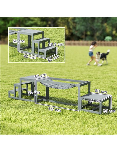 PawHut 3 Pieces Wooden Dog Agility Training Equipment with Soft Bridge, Pause Platform and Pet Stair for Outdoor, Grey