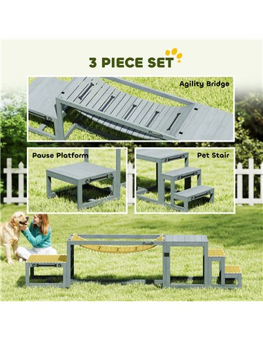 PawHut 3 Pieces Wooden Dog Agility Training Equipment with Soft Bridge, Pause Platform and Pet Stair for Outdoor, Grey