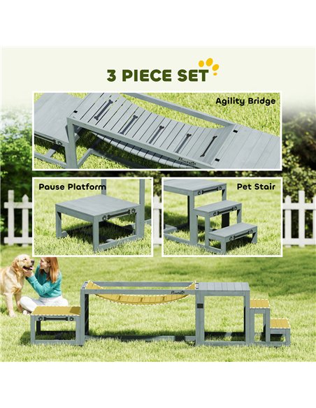 PawHut 3 Pieces Wooden Dog Agility Training Equipment with Soft Bridge, Pause Platform and Pet Stair for Outdoor, Grey - pic 195567 | FastDaddyshop
