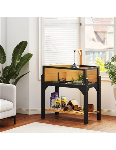 PawHut Wooden Tortoise House with Storage Shelf, Clear Observation Windows, Lamp Holder, Openable Top, Built-in Tray, Yellow