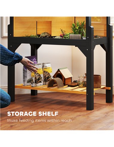PawHut Wooden Tortoise House with Storage Shelf, Clear Observation Windows, Lamp Holder, Openable Top, Built-in Tray, Yellow