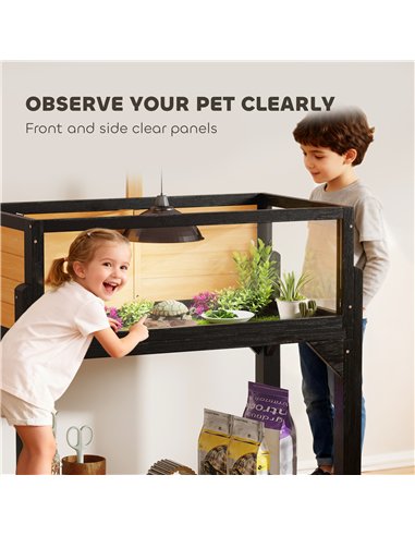 PawHut Wooden Tortoise House with Storage Shelf, Clear Observation Windows, Lamp Holder, Openable Top, Built-in Tray, Yellow
