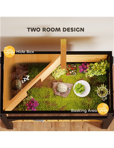 PawHut Wooden Tortoise House with Storage Shelf, Clear Observation Windows, Lamp Holder, Openable Top, Built-in Tray, Yellow