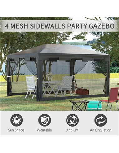 Outsunny 4 m x 3 m Gazebo Party Tent Outdoor Canopy Garden Sun Shade w/ Mesh Sidewalls, Dark Grey