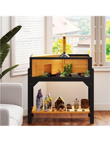 PawHut Wooden Tortoise House with Storage Shelf, Clear Observation Windows, Lamp Holder, Openable Top, Built-in Tray, Yellow