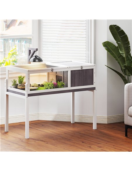 PawHut Wooden Tortoise Cage with Dual-Zone Habitat, Clear Panels, Openable Top, Metal Mesh, for Tortoises and Small Pets, Grey - pic 195584 | FastDaddyshop