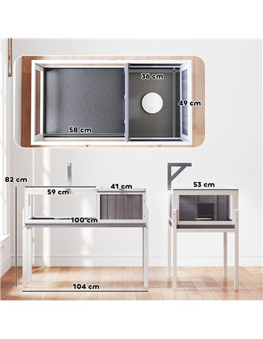 PawHut Wooden Tortoise Cage with Dual-Zone Habitat, Clear Panels, Openable Top, Metal Mesh, for Tortoises and Small Pets, Grey