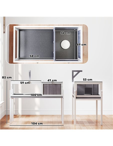 PawHut Wooden Tortoise Cage with Dual-Zone Habitat, Clear Panels, Openable Top, Metal Mesh, for Tortoises and Small Pets, Grey - pic 195585 | FastDaddyshop