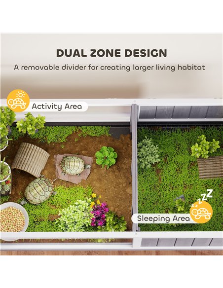 PawHut Wooden Tortoise Cage with Dual-Zone Habitat, Clear Panels, Openable Top, Metal Mesh, for Tortoises and Small Pets, Grey - pic 195586 | FastDaddyshop
