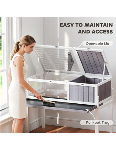 PawHut Wooden Tortoise Cage with Dual-Zone Habitat, Clear Panels, Openable Top, Metal Mesh, for Tortoises and Small Pets, Grey