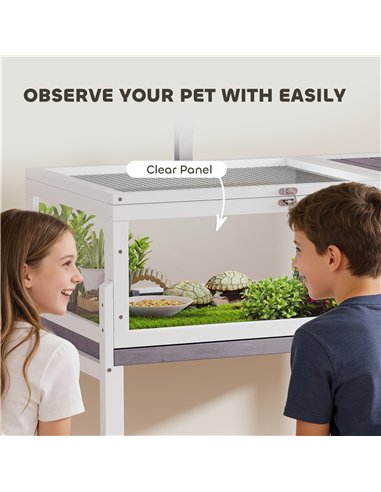 PawHut Wooden Tortoise Cage with Dual-Zone Habitat, Clear Panels, Openable Top, Metal Mesh, for Tortoises and Small Pets, Grey
