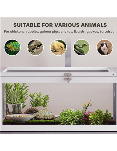 PawHut Wooden Tortoise Cage with Dual-Zone Habitat, Clear Panels, Openable Top, Metal Mesh, for Tortoises and Small Pets, Grey