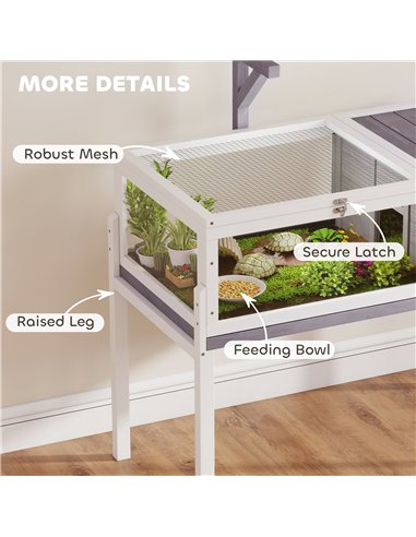 PawHut Wooden Tortoise Cage with Dual-Zone Habitat, Clear Panels, Openable Top, Metal Mesh, for Tortoises and Small Pets, Grey