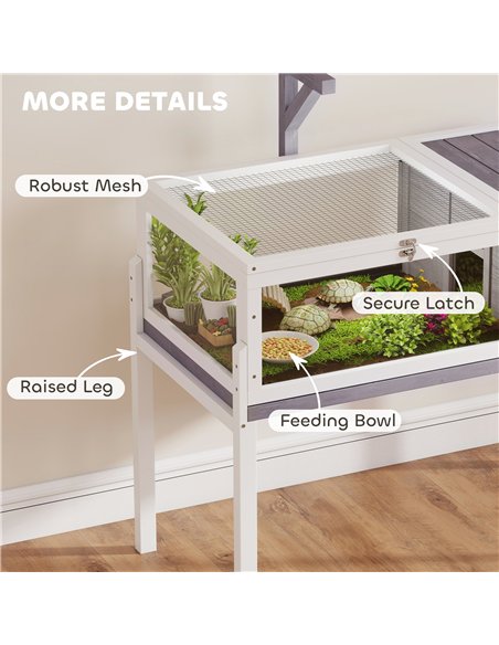 PawHut Wooden Tortoise Cage with Dual-Zone Habitat, Clear Panels, Openable Top, Metal Mesh, for Tortoises and Small Pets, Grey - pic 195591 | FastDaddyshop