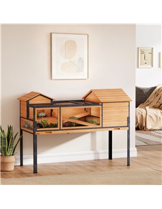 PawHut Wooden Tortoise House with Stand Legs, Clear Observation Windows, Ramps, Openable Top, Built-in Tray, Yellow 2
