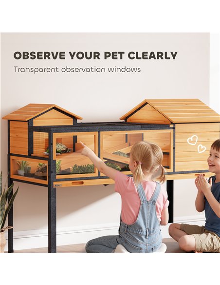 PawHut Wooden Tortoise House with Stand Legs, Clear Observation Windows, Ramps, Openable Top, Built-in Tray, Yellow - pic 195596 | FastDaddyshop