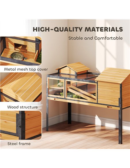 PawHut Wooden Tortoise House with Stand Legs, Clear Observation Windows, Ramps, Openable Top, Built-in Tray, Yellow - pic 195598 | FastDaddyshop