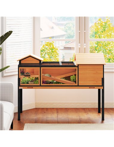 PawHut Wooden Tortoise House with Stand Legs, Clear Observation Windows, Ramps, Openable Top, Built-in Tray, Yellow