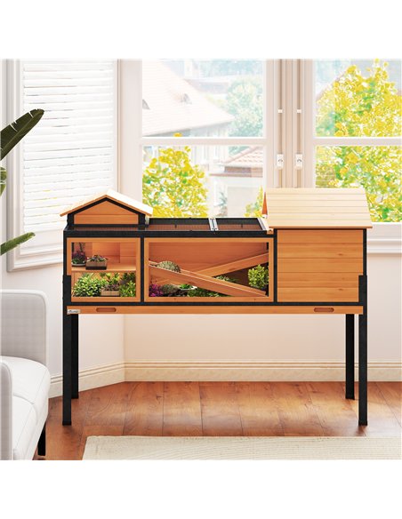PawHut Wooden Tortoise House with Stand Legs, Clear Observation Windows, Ramps, Openable Top, Built-in Tray, Yellow - pic 195599 | FastDaddyshop