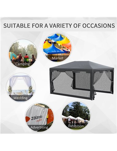 Outsunny 4 m x 3 m Gazebo Party Tent Outdoor Canopy Garden Sun Shade w/ Mesh Sidewalls, Dark Grey