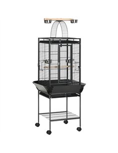 PawHut 156cm Bird Cage,Large Parrot Cage with Open Play Top, Perch, Seed Guard, Wheels, Storage Shelf, Dark Grey